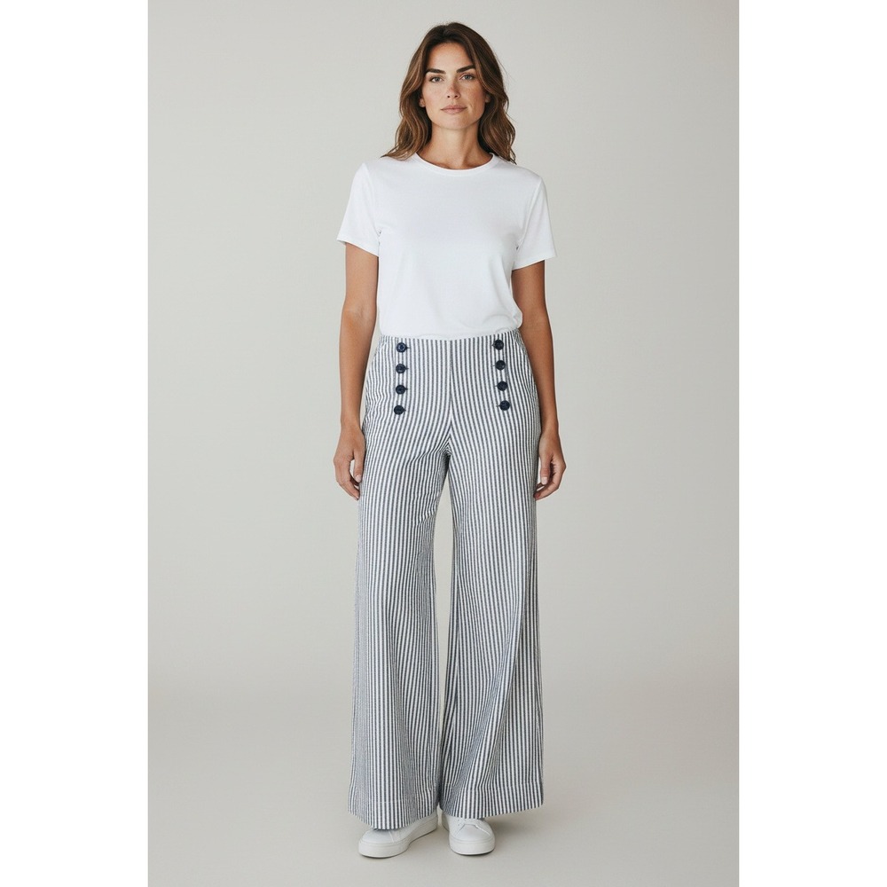 Larry Levine Womens Blue White Striped Sailor Wide Leg Cotton Pants Size 12 NEW